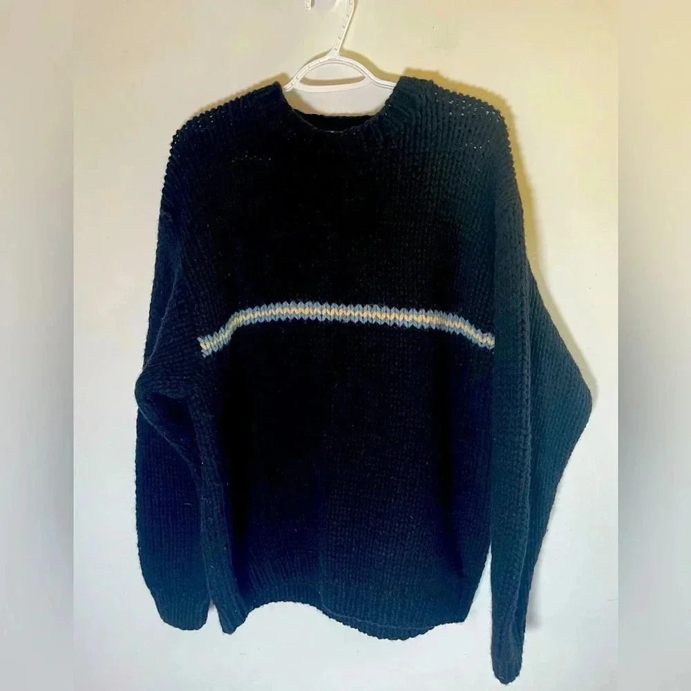 Vintage‎ 90s Mens J Crew Hand Knit Black Wool Chunky Striped Crew Sweater Sz L